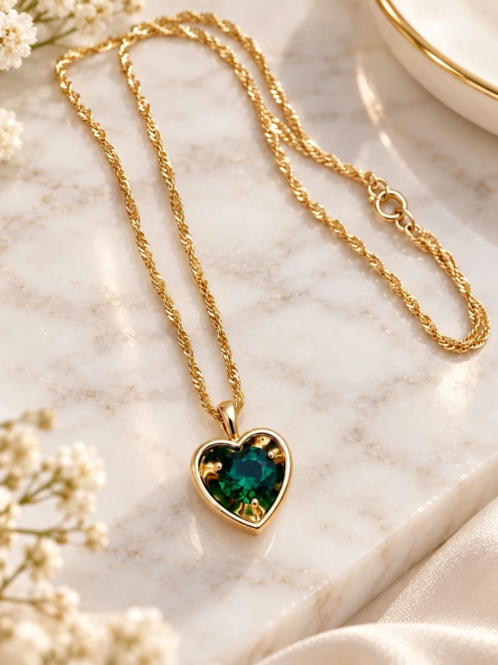 14k. Laminated Gold Heart Pendant Necklace with Green Gem - Women's Jewelry